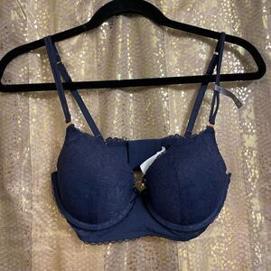 Aerie Navy Blue Real Power Plunge Push Up Sunflower Lace Bra 32D NWT